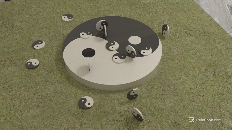 Yin Yang Decorative Ornament Set With Circular Centerpiece And Scattered Small Symbols On Green Grass 3d model 