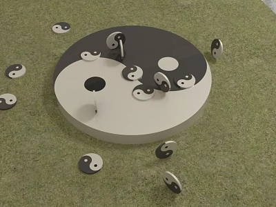 Yin Yang Decorative Ornament Set With Circular Centerpiece And Scattered Small Symbols On Green Grass 3d model