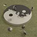 Yin Yang Decorative Ornament Set With Circular Centerpiece And Scattered Small Symbols On Green Grass