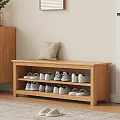 Wooden Shoe Bench with Cushion Top and Two Tier Shoe Storage Shelves