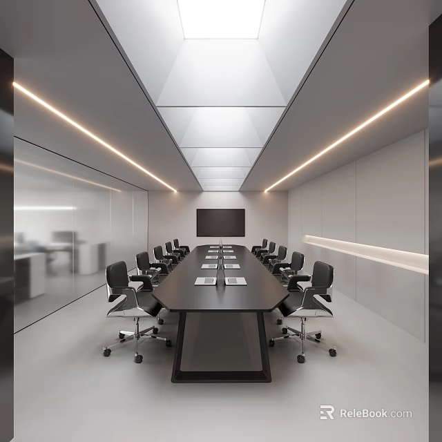 Bright Modern Minimalist Office Conference Room Interior With Long Table Ergonomic Chairs And Soft Lighting 3d model 