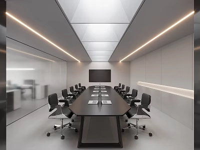 Bright Modern Minimalist Office Conference Room Interior With Long Table Ergonomic Chairs And Soft Lighting 3d model