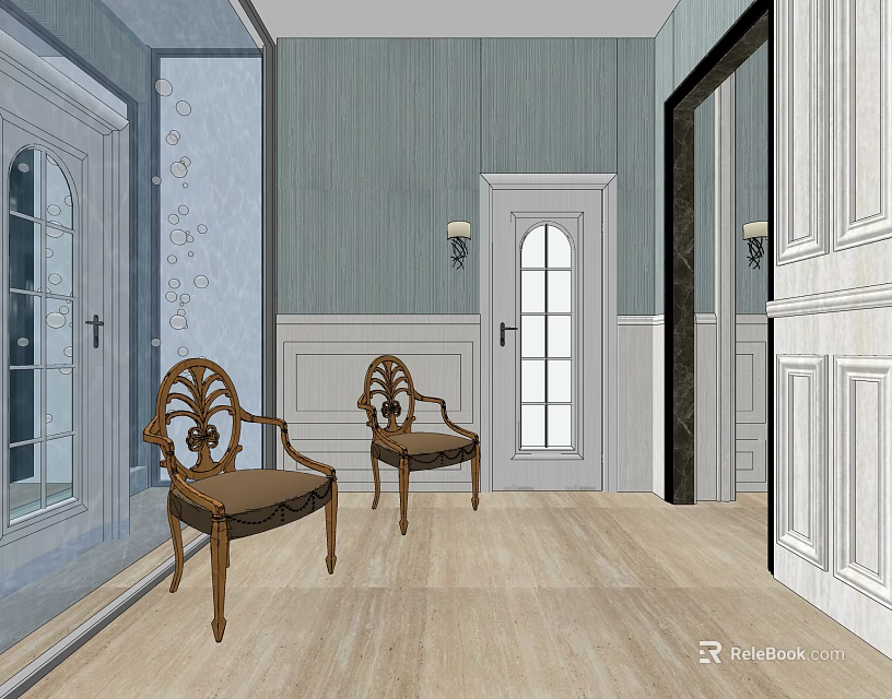 Elegant Shopping Mall Store Interior With Light Blue Walls Wooden Flooring And Carved Chairs 3d model 