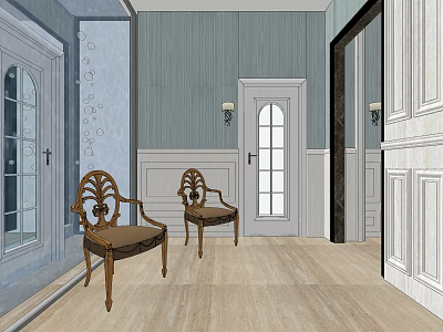 Elegant Shopping Mall Store Interior With Light Blue Walls Wooden Flooring And Carved Chairs 3d model
