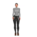 Woman In Gray Fitted Long Sleeve Top And Black Leggings With Brown Shoes