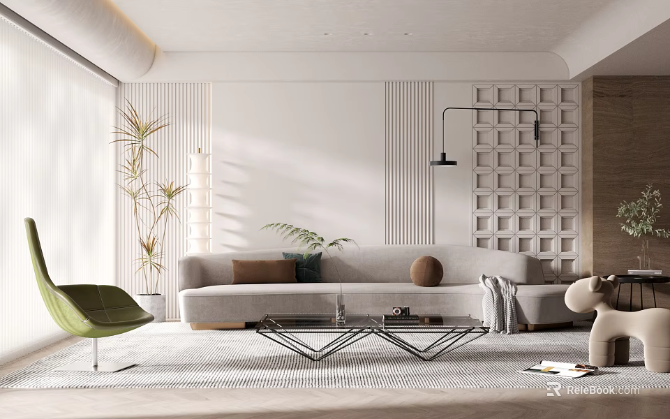 Modern Living Room Interior With Light Gray Sofa Glass Coffee Table And Decorative Plants 3d model 