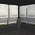 Three White Mechanical Components With Multiple Panels And Yellow Warning Stripes On Smooth Black Surface 3d model