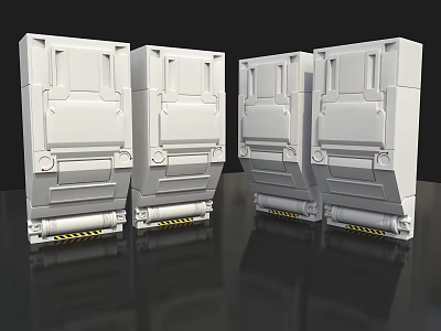Three White Mechanical Components With Multiple Panels And Yellow Warning Stripes On Smooth Black Surface 3d model
