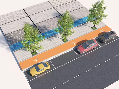 Road Facilities Featuring Parking Spaces Sidewalk Trees And Parked Vehicles 3d model