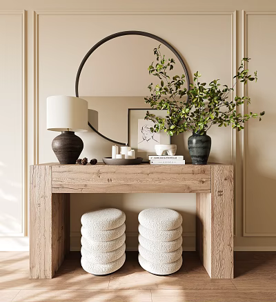 Wooden Console Table And Side Cabinet With Table Lamp Green Plants And Round Mirror 3d model