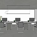 Contemporary Public Office Space With Long Desks Computers Black Chairs Large Windows And Green Plant