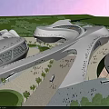 Aerial View Planning of Modern Architectural Complex with Streamlined Design Greenery Roads Crowds and Vehicles