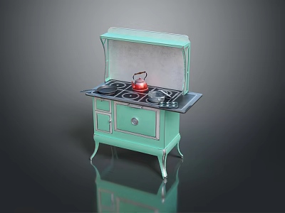 Vintage Green Kitchen Stove with Four Burners Red Kettle Cabinet Doors and Drawer 3d model