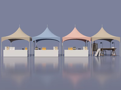 Outdoor Market Setup With Four Colorful Canopy Tents Beige Blue Pink And White Counters 3d model