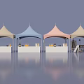Outdoor Market Setup With Four Colorful Canopy Tents Beige Blue Pink And White Counters