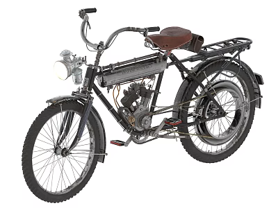 Vintage Classic Motorcycle With Bicycle Style Frame Headlight Brown Seat And Spoked Wheels 3d model