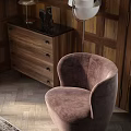 Plum Velvet Single Seater Sofa With Wooden Dresser And Floor Lamp In Wooden Wall Interior