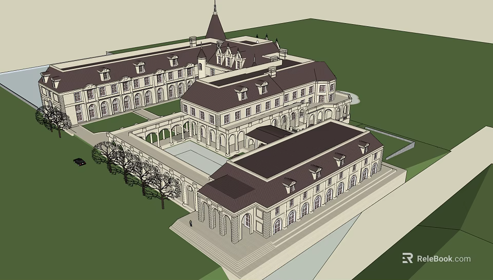 Classic European Architecture Design With Courtyard Spire And Arched Stone Elements 3d model 