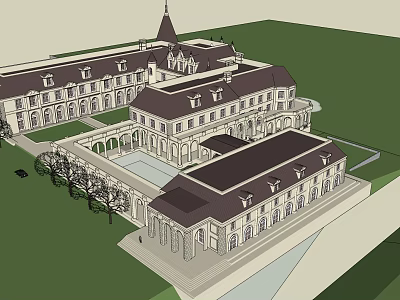 Classic European Architecture Design With Courtyard Spire And Arched Stone Elements 3d model