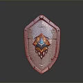 Ornate Metal Shield As Fantasy Weapon With Central Blue And Orange Gem And Rivets