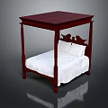 Classic Four Poster Double Bed With Mahogany Frame Carved Headboard White Mattress And Pillows