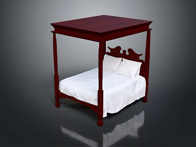 Classic Four Poster Double Bed With Mahogany Frame Carved Headboard White Mattress And Pillows 3d model