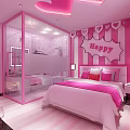 Pink Themed Hotel Room With Heart Shaped Decor Glass Partition And Dressing Table