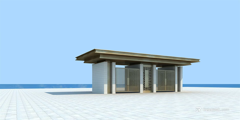 Modern Style Entrance Gate With Covered Roof In Open Square Overlooking Blue Sky And Sea 3d model 