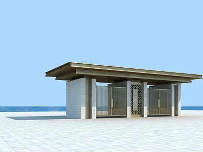 Modern Style Entrance Gate With Covered Roof In Open Square Overlooking Blue Sky And Sea 3d model
