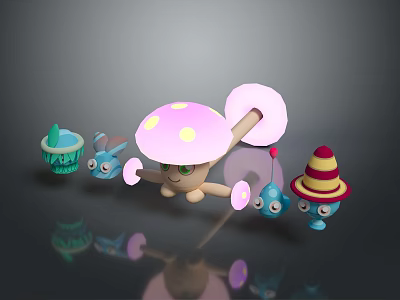 Cute Mushroom Character With Pink Cap And Small Blue Creatures In Playful Scene 3d model
