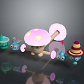 Cute Mushroom Character With Pink Cap And Small Blue Creatures In Playful Scene