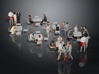 Group of People Interacting Around Tables in Modern Indoor Setting 3d model