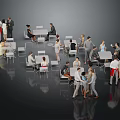 Group of People Interacting Around Tables in Modern Indoor Setting