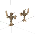 Two Wooden Robot Figures With Shields And Weapons Standing On White Surface