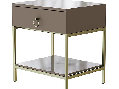 Modern Nightstand With Wooden Drawer Ring Handle Gold Metal Frame And Open Shelf 3d model
