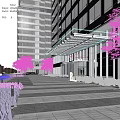 Modern Building Entrance With Glass Curtain Walls Metal Pergola Awning Landscaped Greenery And Pedestrians