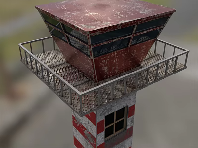 Red And White Striped Tower With Rusty Red Square Top Metal Railing And Small Window 3d model