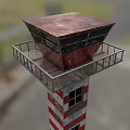 Red And White Striped Tower With Rusty Red Square Top Metal Railing And Small Window