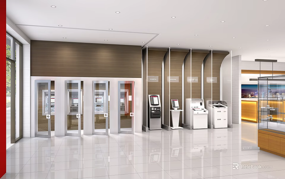 Modern Bank Interior With Glass Doors ATMs Wooden Walls And White Tiled Floor 3d model 
