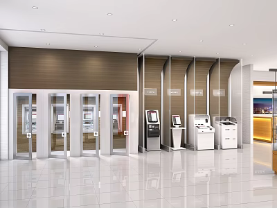 Modern Bank Interior With Glass Doors ATMs Wooden Walls And White Tiled Floor 3d model