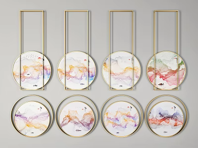 Round Frame Paintings With Colorful Abstract Patterns And Decorative Gold Frames 3d model