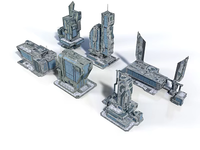 Futuristic Architecture 3D Model Featuring Modern Tall Structures With Geometric Designs And Metallic Exteriors 3d model