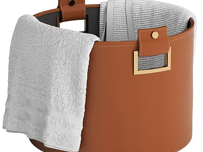 Leather Storage Basket With White Towels And Metal Handle For Home Organization 3d model