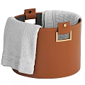 Leather Storage Basket With White Towels And Metal Handle For Home Organization