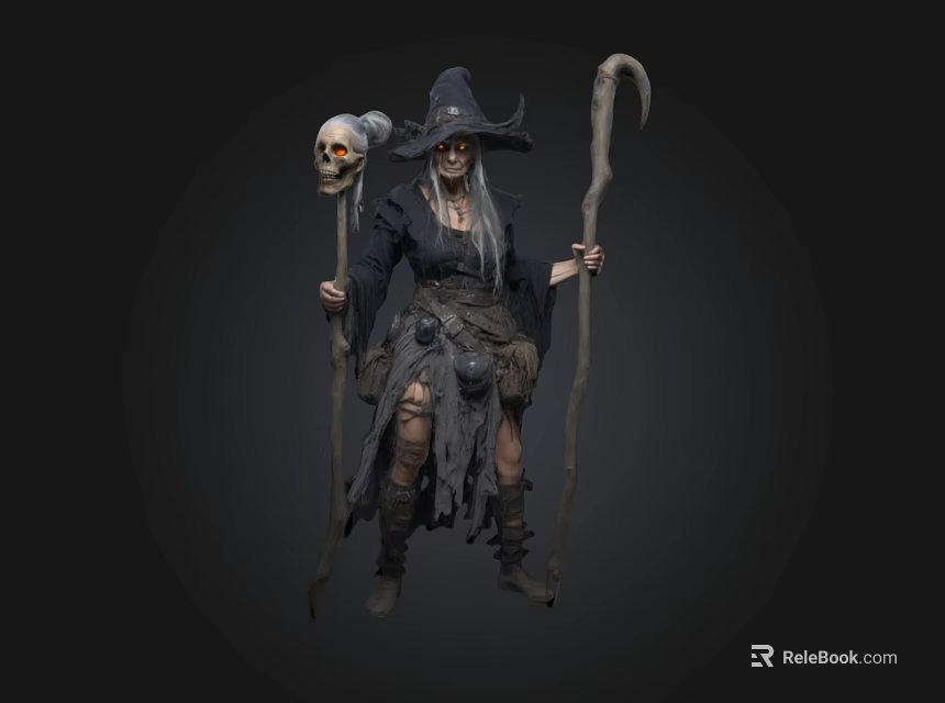 Witch With Tattered Robe Holding Skull And Staff In Dark Background 3d model 