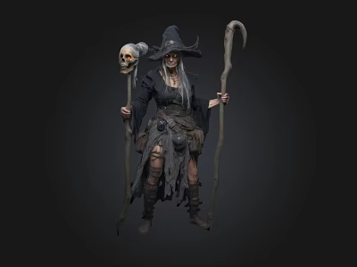 Witch With Tattered Robe Holding Skull And Staff In Dark Background 3d model