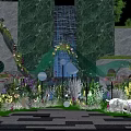 Floral Installation With Woman In White Dress Green Marble Waterfall Colorful Flowers And Curved Arch