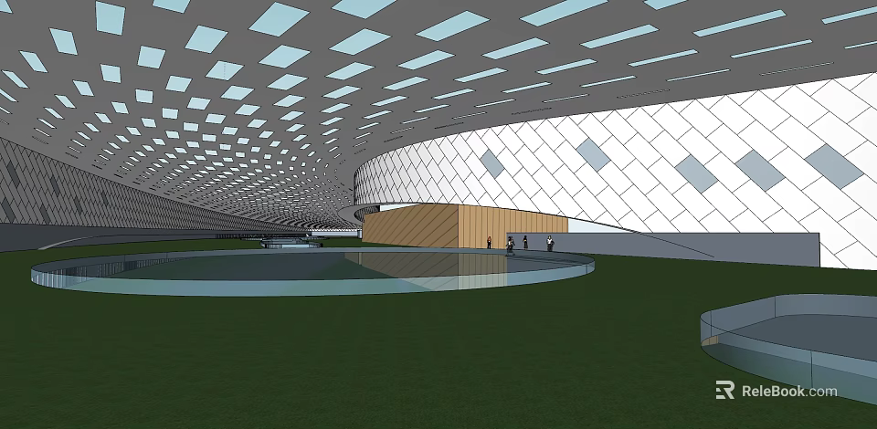 Modern Commercial Complex Architecture With Glass Facade Wooden Structure Geometric Ceiling And Green Lawn 3d model 