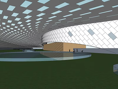 Modern Commercial Complex Architecture With Glass Facade Wooden Structure Geometric Ceiling And Green Lawn 3d model