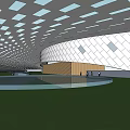 Modern Commercial Complex Architecture With Glass Facade Wooden Structure Geometric Ceiling And Green Lawn